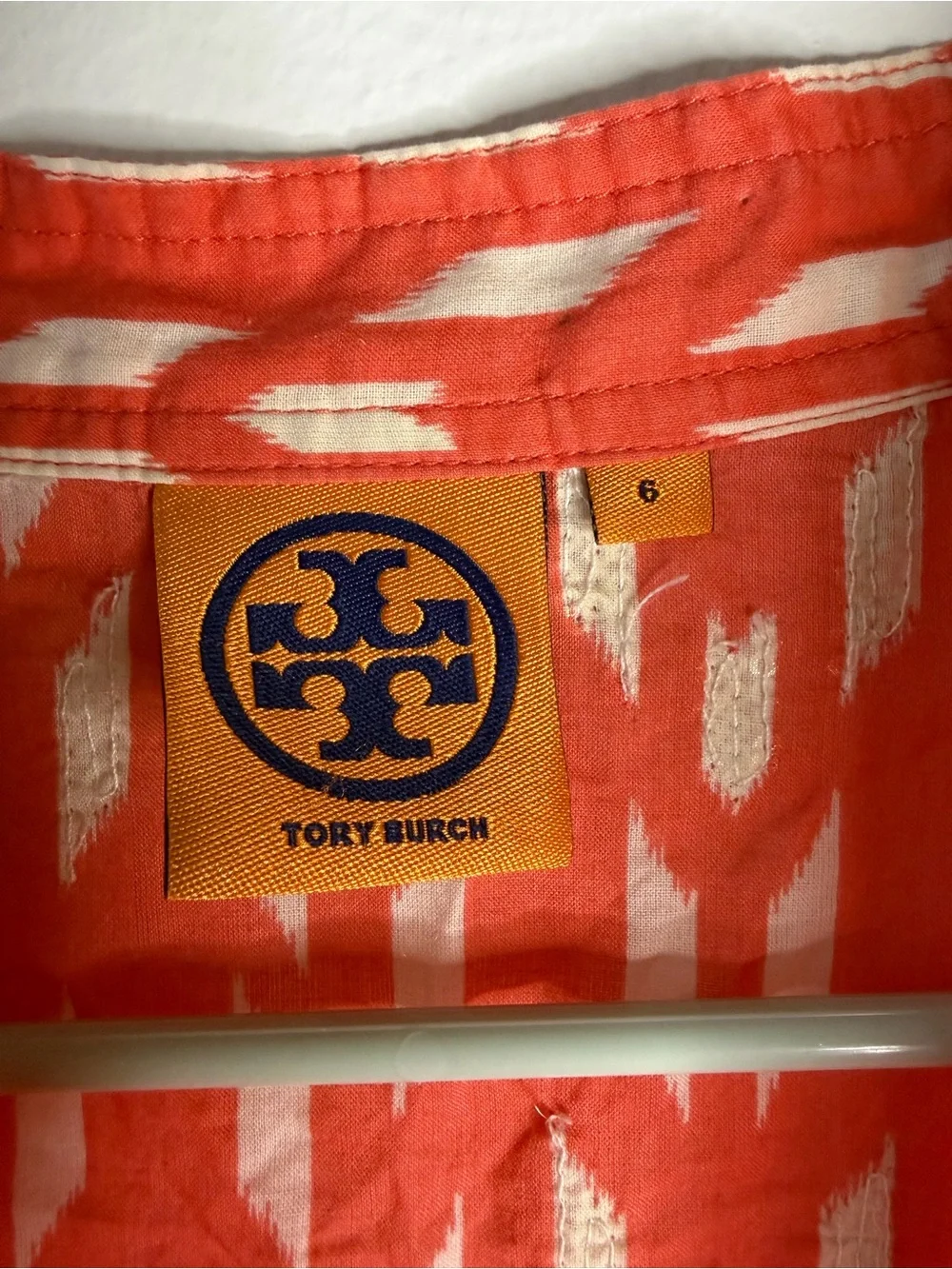 Tory Burch Coral Orange Ikat Gold Sequin Tunic Top Size 6 Long Sleeve